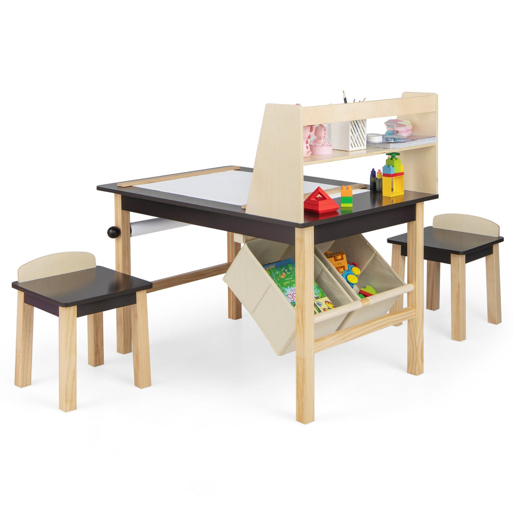 Kids Art Table and Chairs Set with Paper Roll and Storage Bins-Coffee - Fabs things