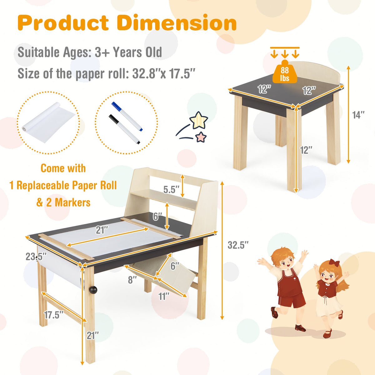 Kids Art Table and Chairs Set with Paper Roll and Storage Bins-Coffee - Fabs things