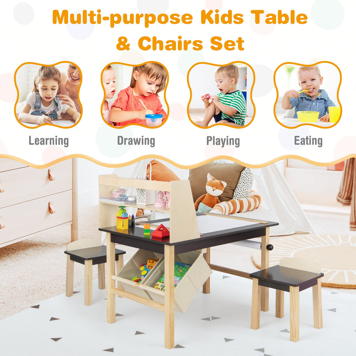 Kids Art Table and Chairs Set with Paper Roll and Storage Bins-Coffee - Fabs things