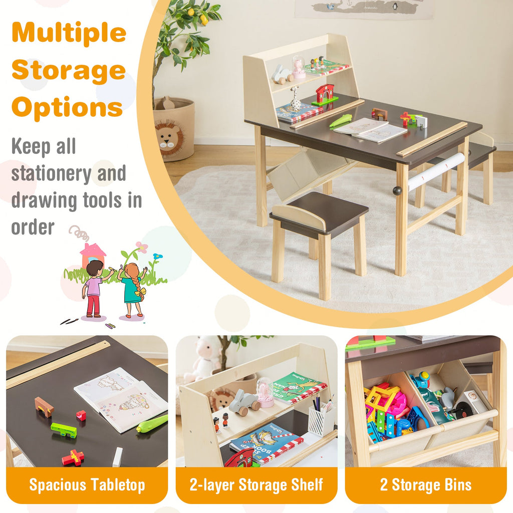 Kids Art Table and Chairs Set with Paper Roll and Storage Bins-Coffee - Fabs things