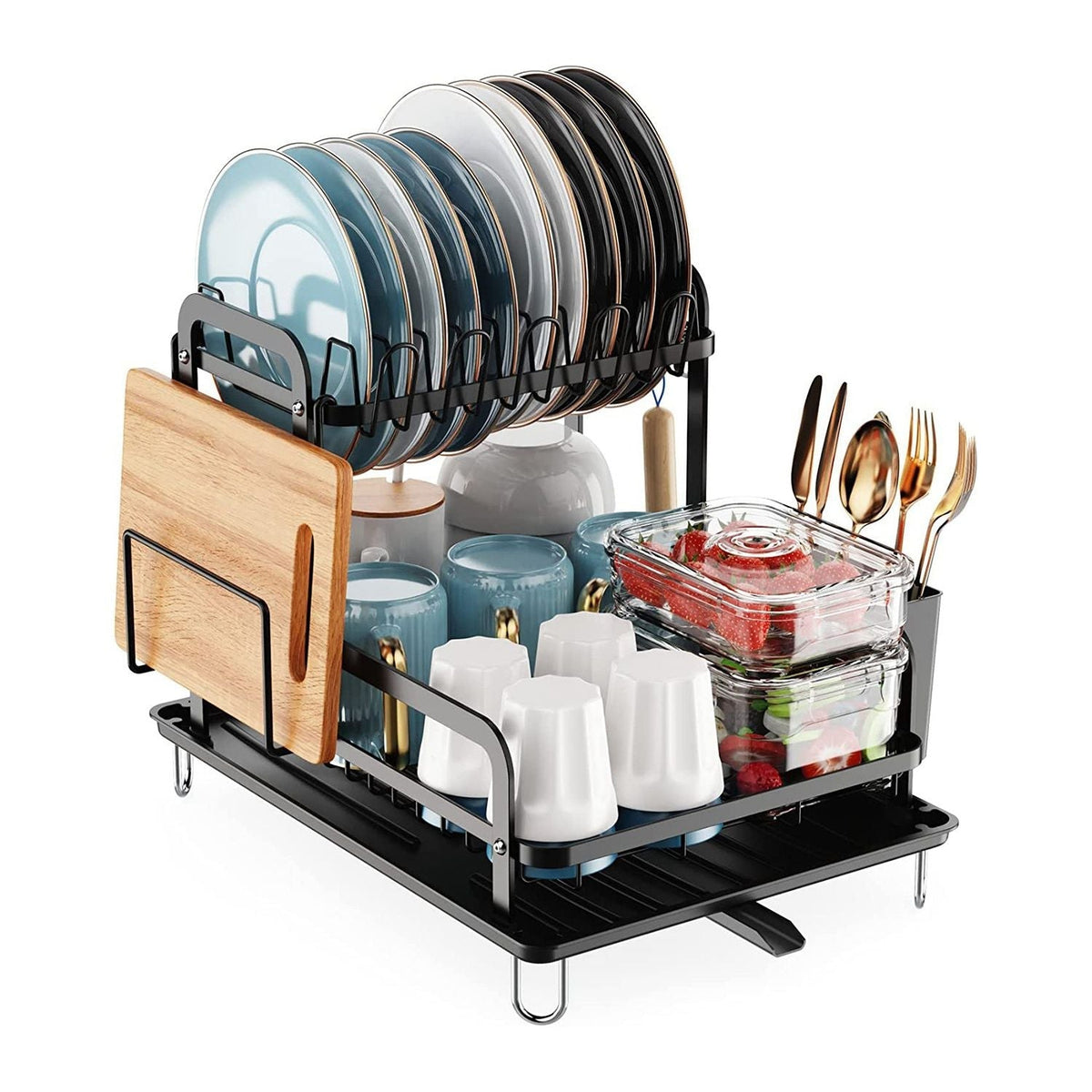 2-Tier Dish Drying Rack for Kitchen Counter Space Saving Rustproof Dish Rack with Drainboard Detachable Kitchen Drainer Organizer Set - Fabs things