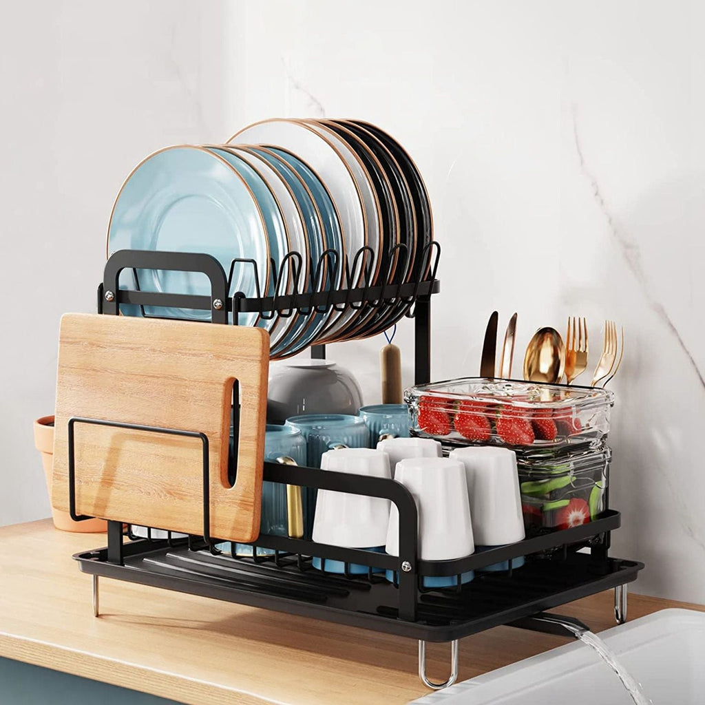2-Tier Dish Drying Rack for Kitchen Counter Space Saving Rustproof Dish Rack with Drainboard Detachable Kitchen Drainer Organizer Set - Fabs things
