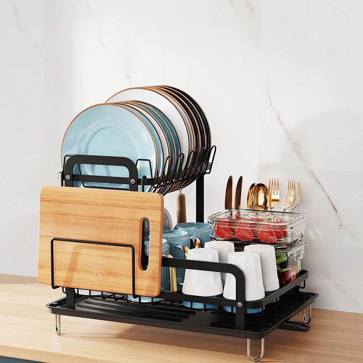 2-Tier Dish Drying Rack for Kitchen Counter Space Saving Rustproof Dish Rack with Drainboard Detachable Kitchen Drainer Organizer Set - Fabs things