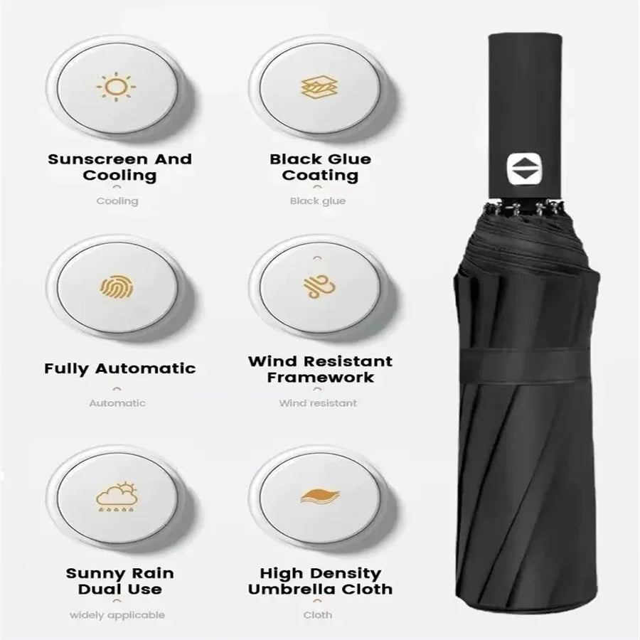 12 Bone Black Glue Fully Automatic Umbrella With Thick And Durable Keel Three Fold Umbrella UV Resistant Folding Umbrella - Fabs things