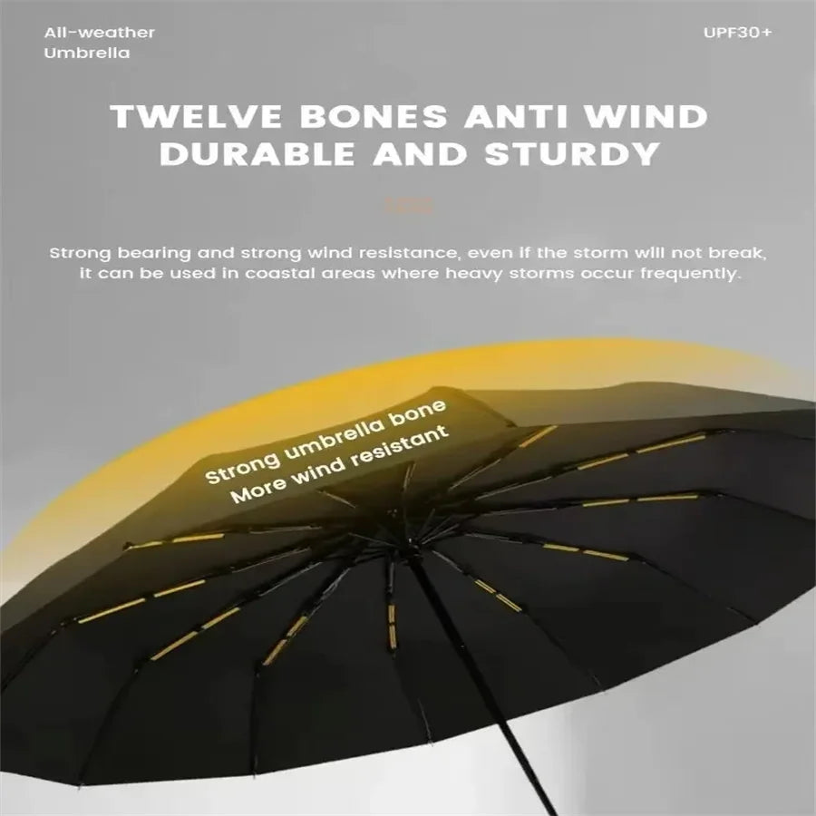 12 Bone Black Glue Fully Automatic Umbrella With Thick And Durable Keel Three Fold Umbrella UV Resistant Folding Umbrella - Fabs things
