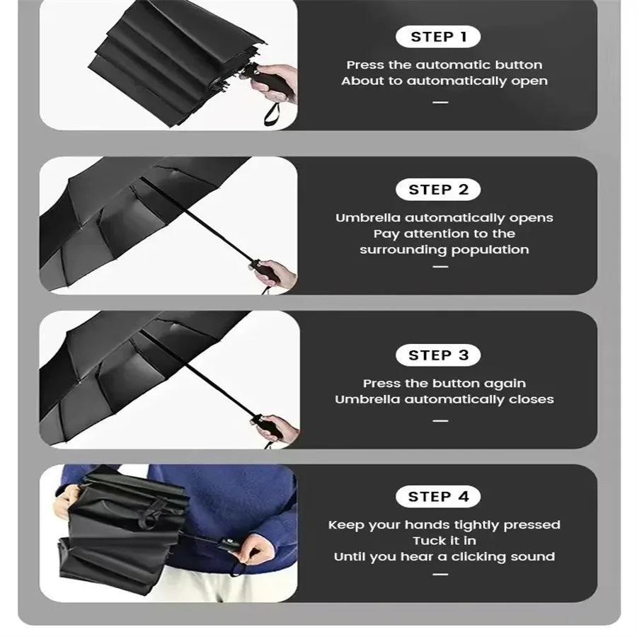 12 Bone Black Glue Fully Automatic Umbrella With Thick And Durable Keel Three Fold Umbrella UV Resistant Folding Umbrella - Fabs things