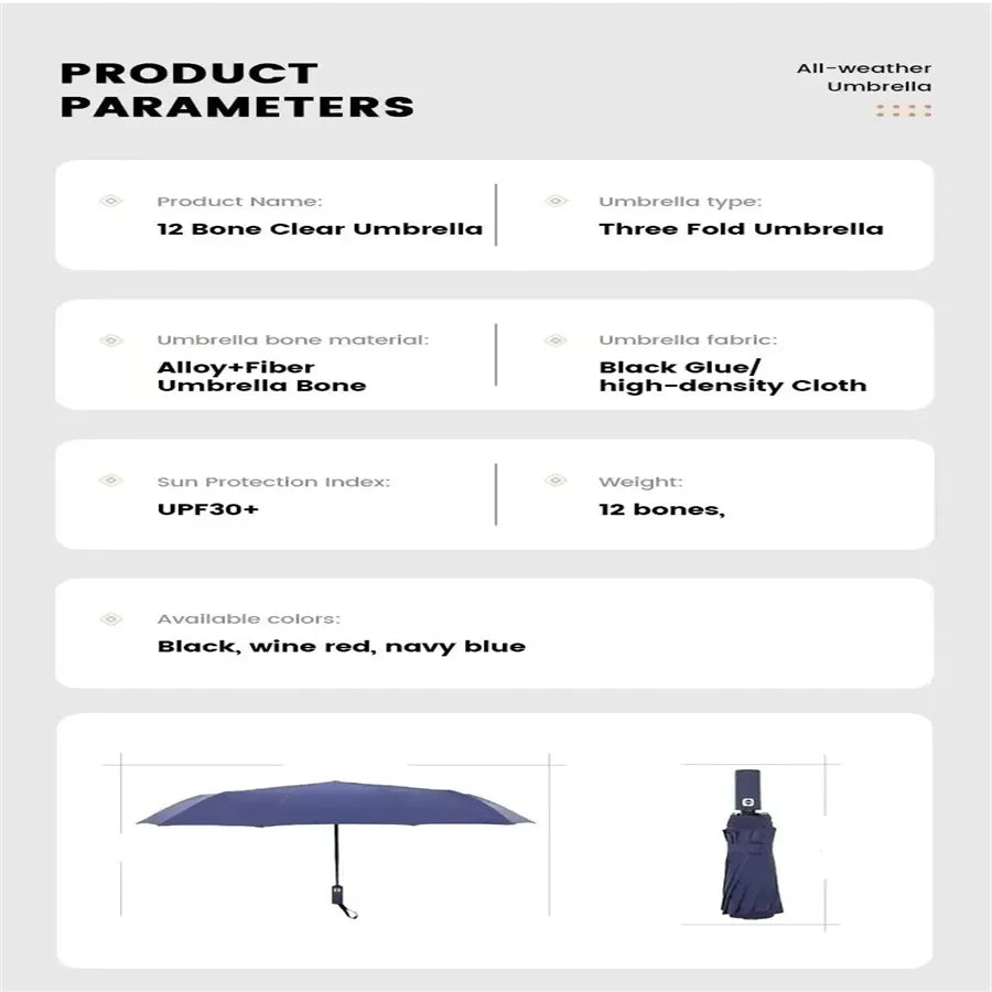 12 Bone Black Glue Fully Automatic Umbrella With Thick And Durable Keel Three Fold Umbrella UV Resistant Folding Umbrella - Fabs things