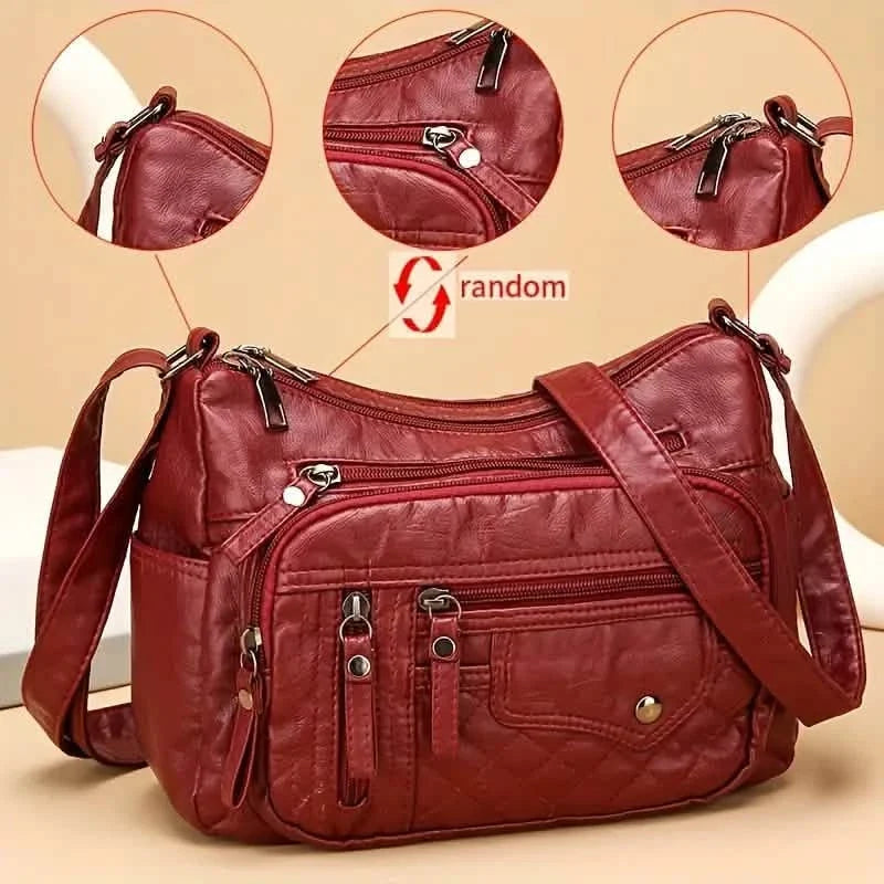 Fashion Multi Zipper Crossbody Bag, Soft Vegan Leather Shoulder Bag, Women's Multi Pockets Handbag Purse - Fabs things