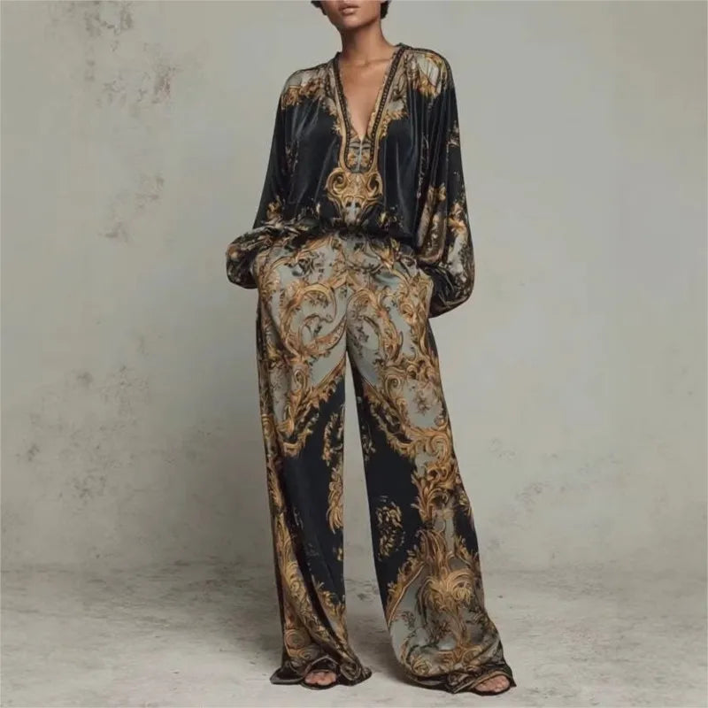 Vintage Printed Two-piece Set Women's Fashion V-neck Loose Long Sleeved Top+Wide Leg Pants Suit Streetwear Muslim Women Clothing - Fabs things