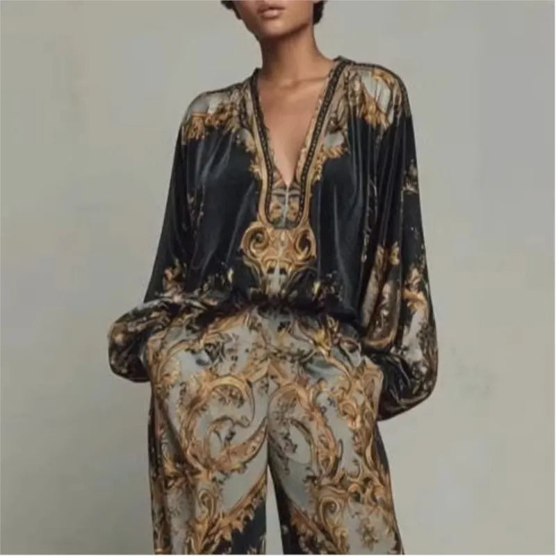 Vintage Printed Two-piece Set Women's Fashion V-neck Loose Long Sleeved Top+Wide Leg Pants Suit Streetwear Muslim Women Clothing - Fabs things
