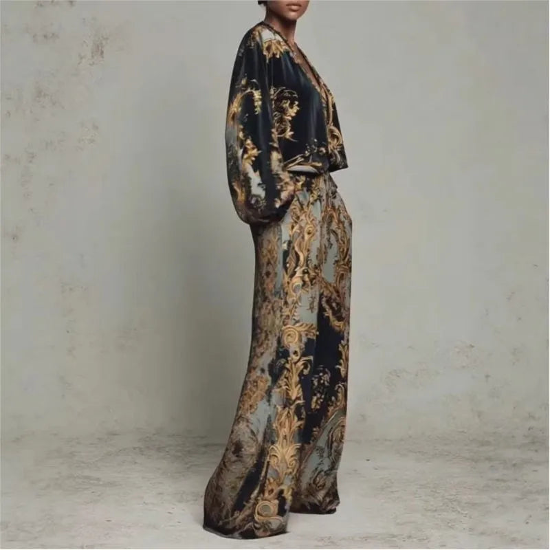 Vintage Printed Two-piece Set Women's Fashion V-neck Loose Long Sleeved Top+Wide Leg Pants Suit Streetwear Muslim Women Clothing - Fabs things