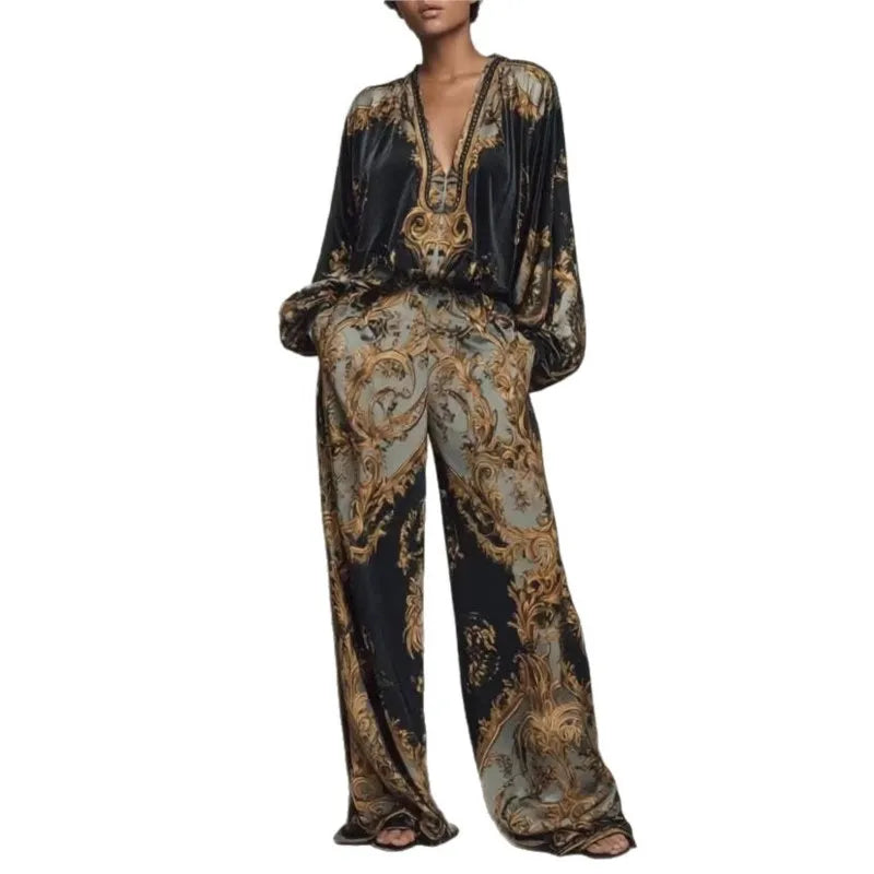 Vintage Printed Two-piece Set Women's Fashion V-neck Loose Long Sleeved Top+Wide Leg Pants Suit Streetwear Muslim Women Clothing - Fabs things