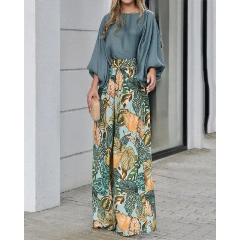 New Women's Clothing Set Lantern Sleeves Loose Top Printed Wide Leg Pants Two Piece Set Casual Ladies Trouser Outfit 2025 Summer - Fabs things