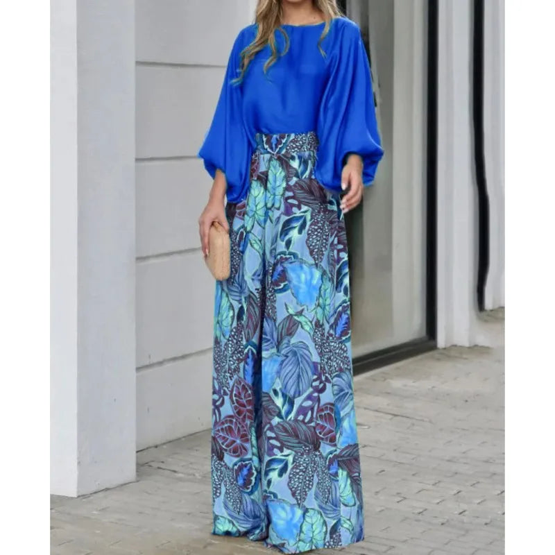 New Women's Clothing Set Lantern Sleeves Loose Top Printed Wide Leg Pants Two Piece Set Casual Ladies Trouser Outfit 2025 Summer - Fabs things