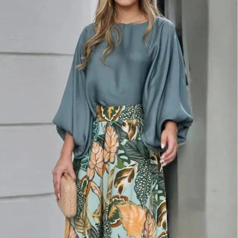 New Women's Clothing Set Lantern Sleeves Loose Top Printed Wide Leg Pants Two Piece Set Casual Ladies Trouser Outfit 2025 Summer - Fabs things