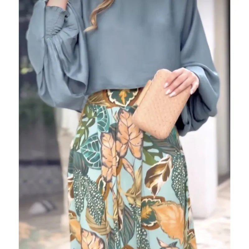 New Women's Clothing Set Lantern Sleeves Loose Top Printed Wide Leg Pants Two Piece Set Casual Ladies Trouser Outfit 2025 Summer - Fabs things