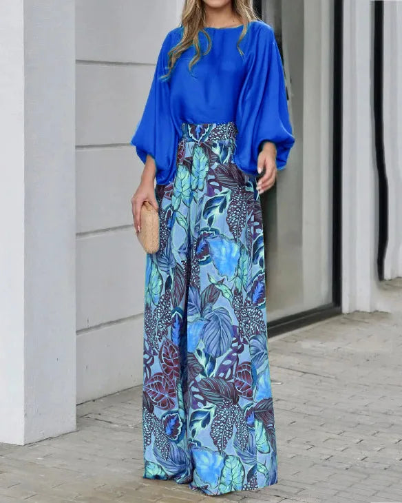 New Women's Clothing Set Lantern Sleeves Loose Top Printed Wide Leg Pants Two Piece Set Casual Ladies Trouser Outfit 2025 Summer - Fabs things