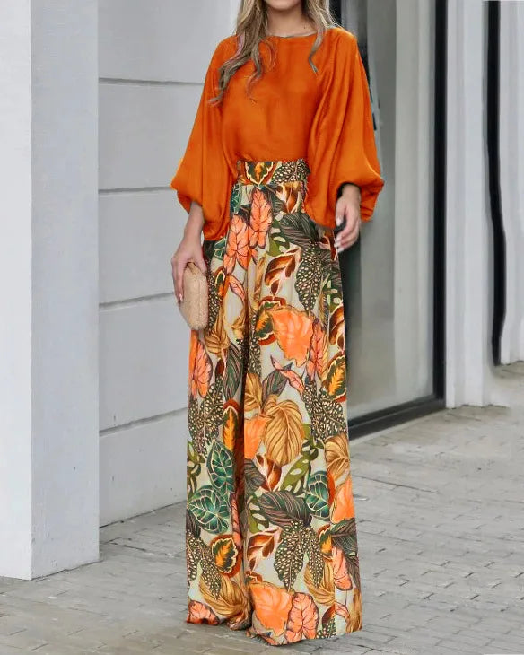 New Women's Clothing Set Lantern Sleeves Loose Top Printed Wide Leg Pants Two Piece Set Casual Ladies Trouser Outfit 2025 Summer - Fabs things