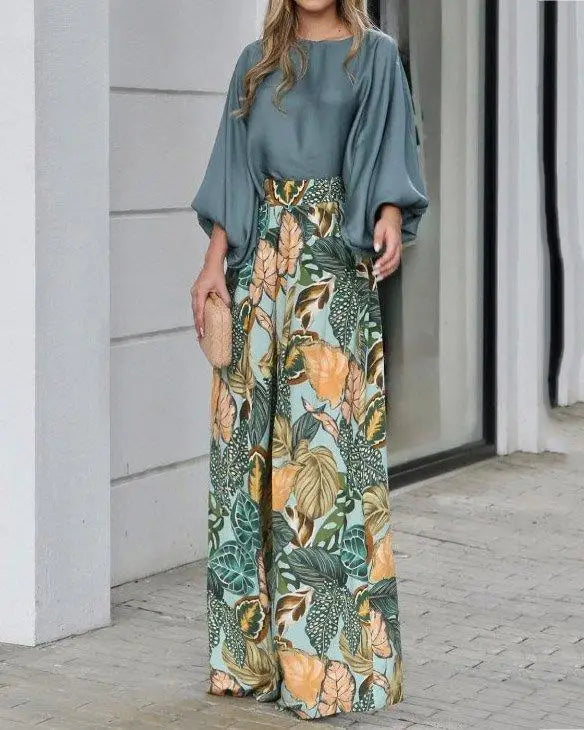 New Women's Clothing Set Lantern Sleeves Loose Top Printed Wide Leg Pants Two Piece Set Casual Ladies Trouser Outfit 2025 Summer - Fabs things