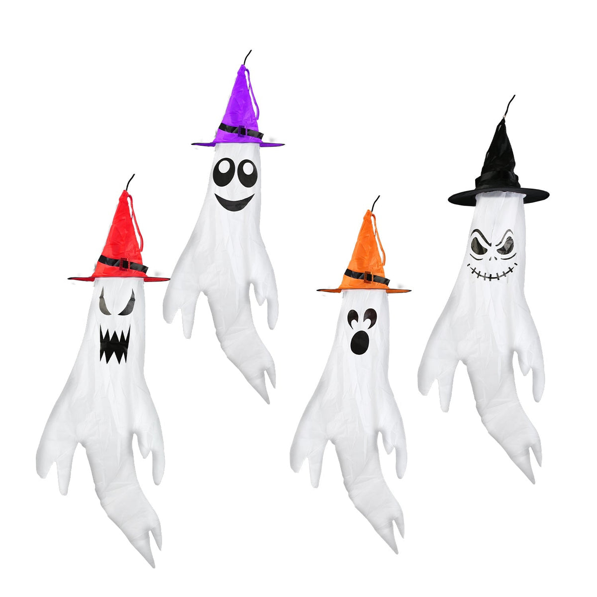 4Pcs Halloween Ghosts With Witch Hats Windsocks Hanging Decoration With Colorful LED Light Outdoor Flag Wind Socks Halloween Party Decoration For Yard - Fabs things
