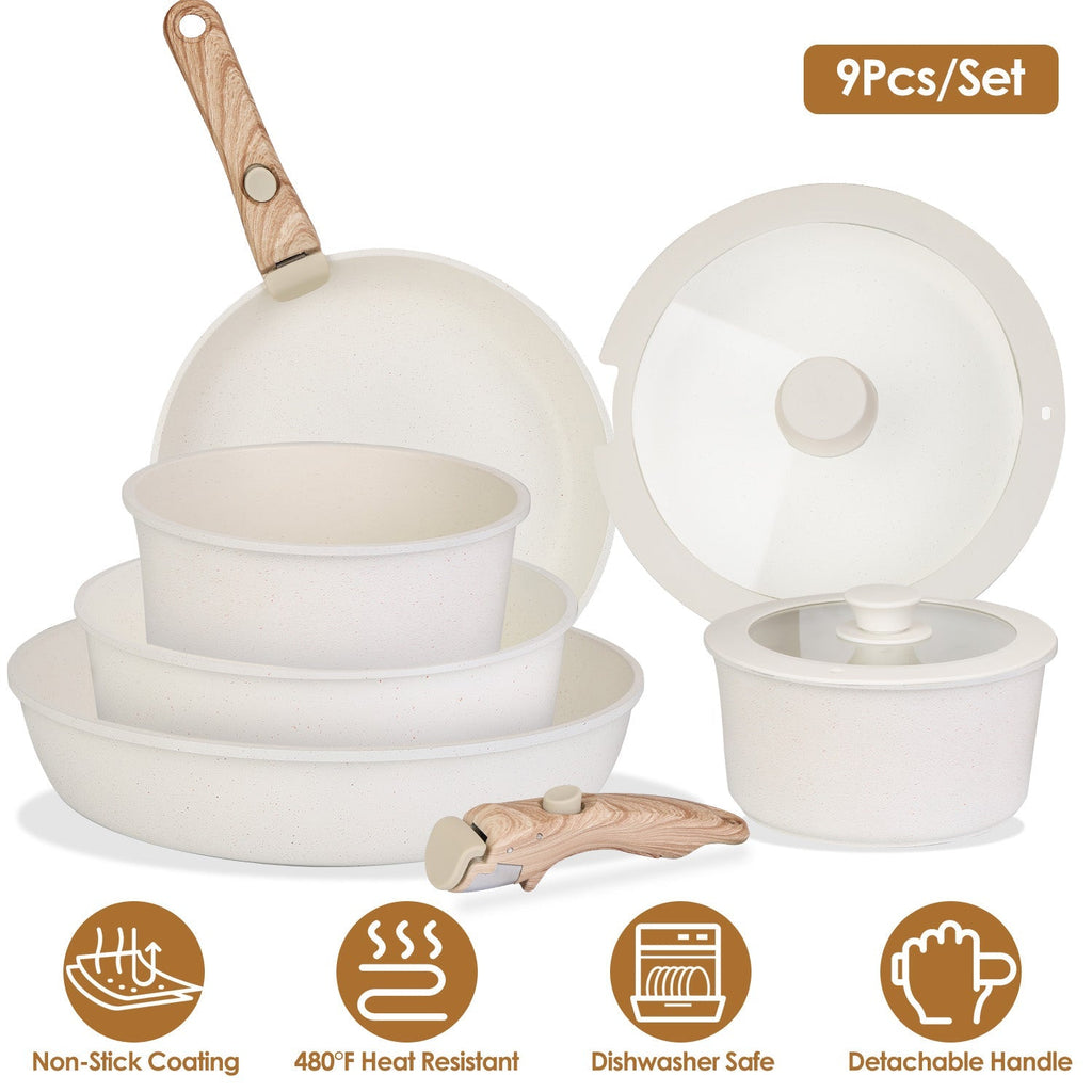 9Pcs Nonstick Cookware Set Kitchen Pots and Pans Set With Detachable Handles Tempered Glass Lids Dishwasher Oven Safe Aluminum Alloy Kitchen Cookware - Fabs things
