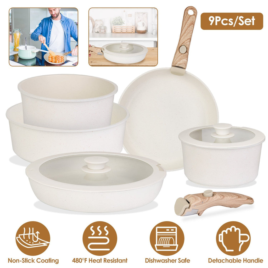 9Pcs Nonstick Cookware Set Kitchen Pots and Pans Set With Detachable Handles Tempered Glass Lids Dishwasher Oven Safe Aluminum Alloy Kitchen Cookware - Fabs things