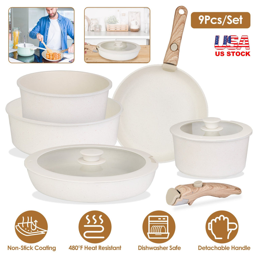 9Pcs Nonstick Cookware Set Kitchen Pots and Pans Set With Detachable Handles Tempered Glass Lids Dishwasher Oven Safe Aluminum Alloy Kitchen Cookware - Fabs things