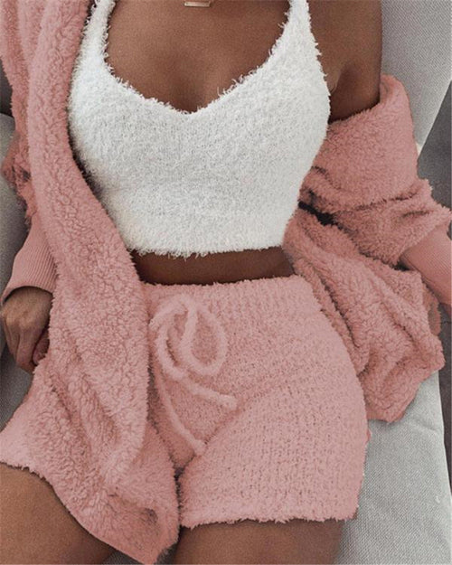 3pcs Womens Clothing Long Sleeve Crop Tank Top And Drawstring Shorts Pajama Set - Fabs things