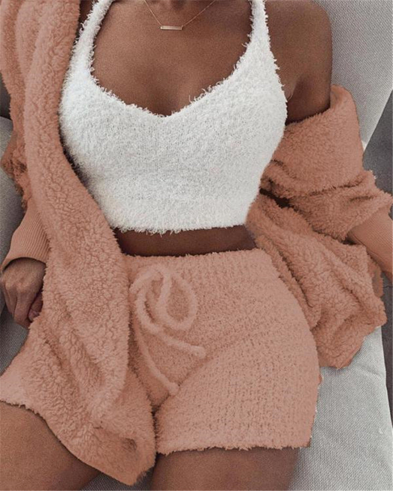 3pcs Womens Clothing Long Sleeve Crop Tank Top And Drawstring Shorts Pajama Set - Fabs things