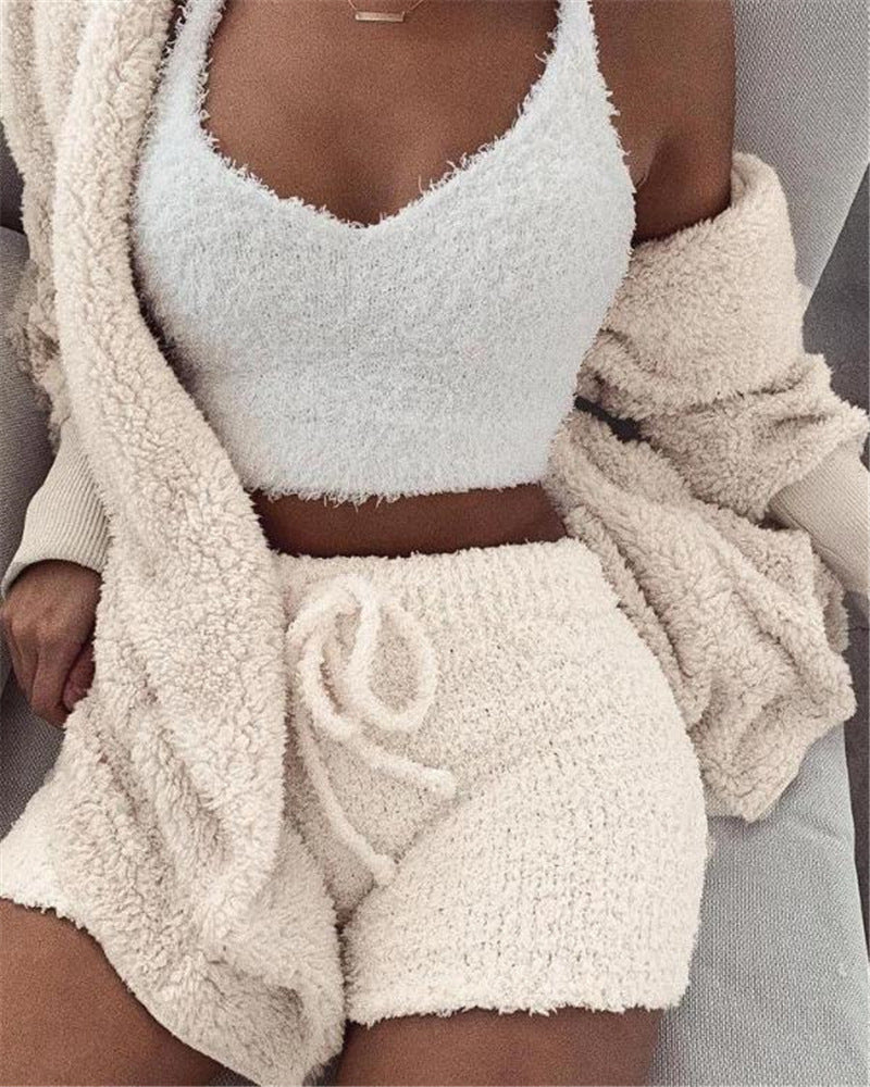 3pcs Womens Clothing Long Sleeve Crop Tank Top And Drawstring Shorts Pajama Set - Fabs things