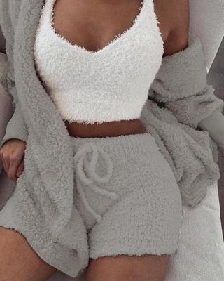 3pcs Womens Clothing Long Sleeve Crop Tank Top And Drawstring Shorts Pajama Set - Fabs things