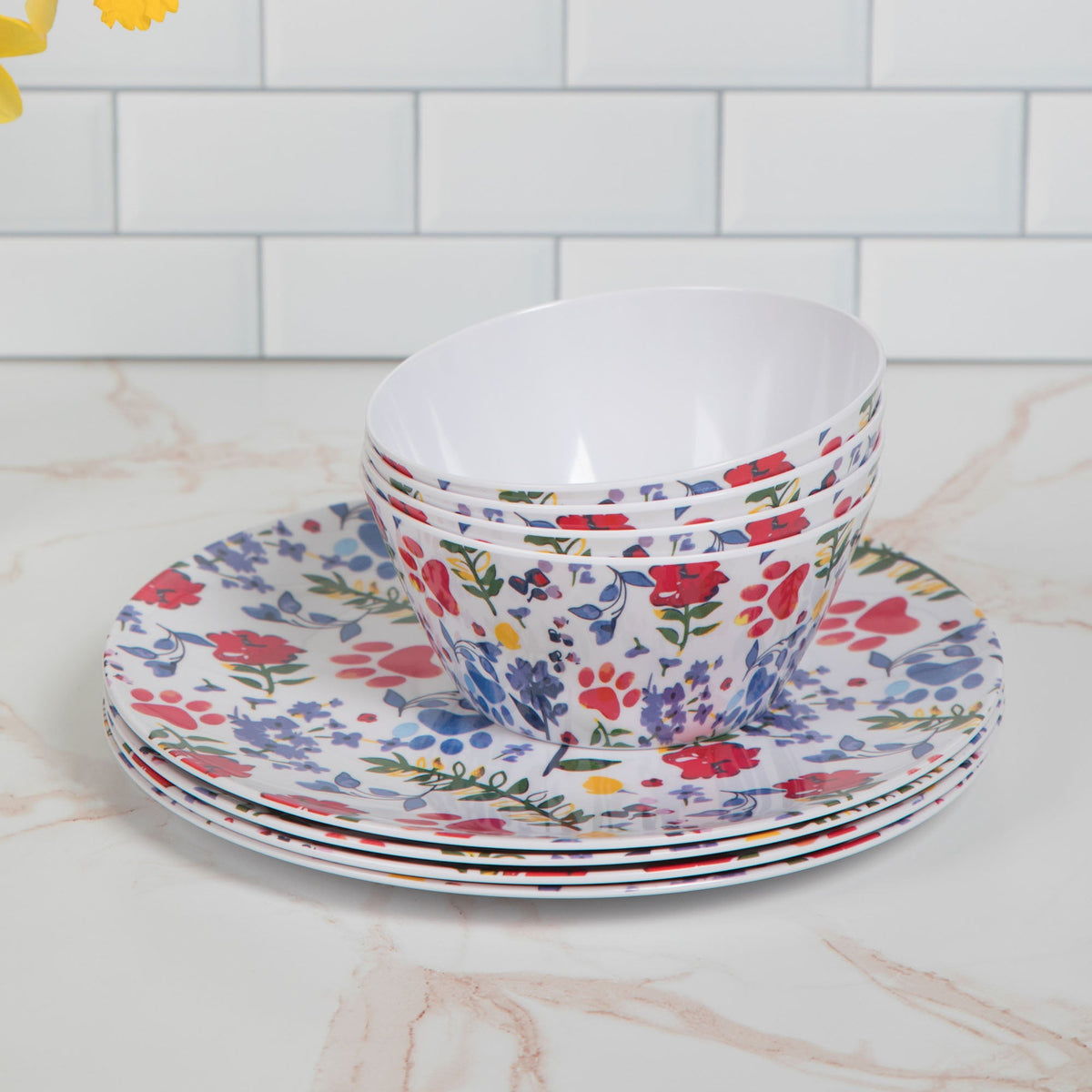 Flower Garden Paws Melamine Dinnerware Set - Set of 4 - Fabs things
