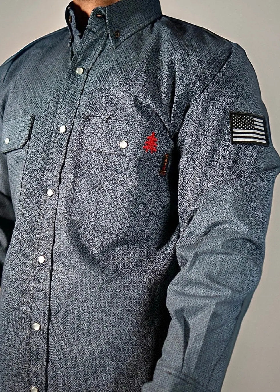 FR Pearl Snap Work Shirt - Forged Gray - With U.S Flag - Fabs things