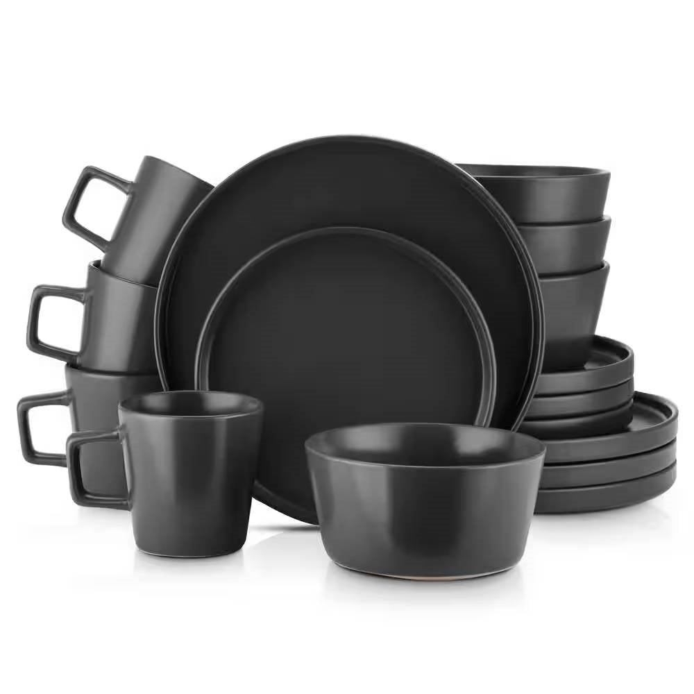 16-Piece Stoneware Dinnerware Set in Matte Black - Service for 4 - Fabs things