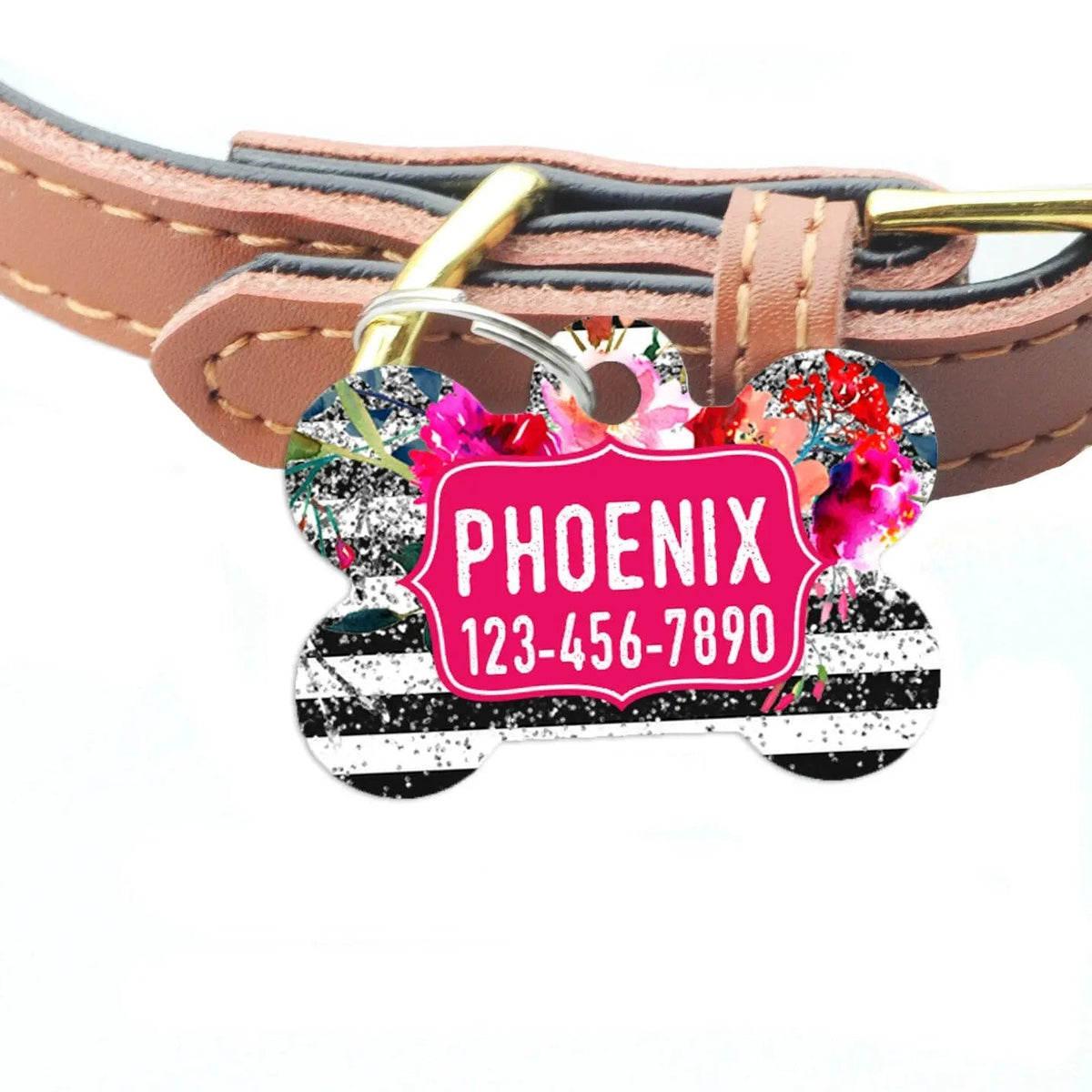 Floral Pet ID Tag - Watercolor Floral Rose Silver Glitter Dog Name Tag - Fabs things