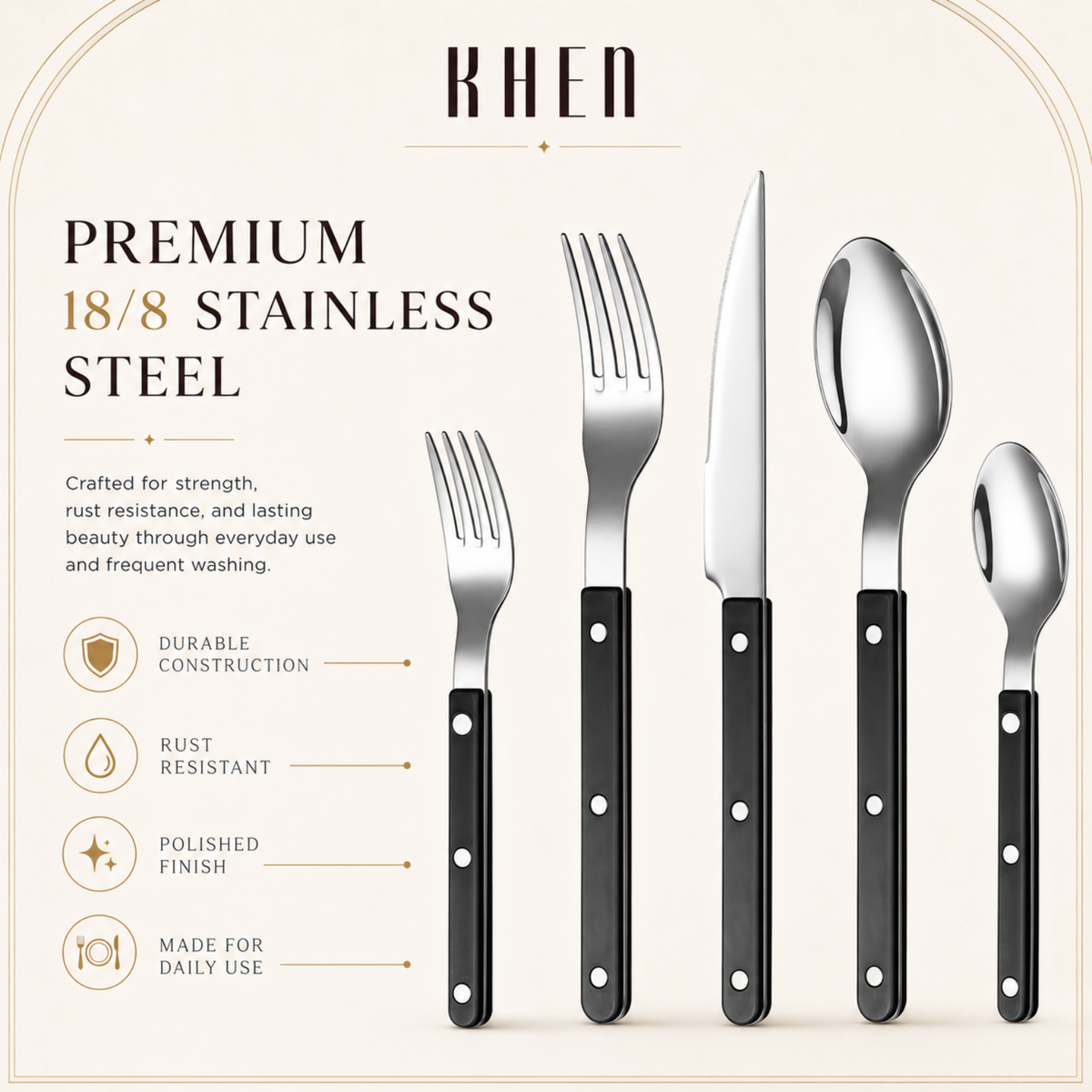 Khen Black Cutlery Set of 20 –18/8 Stainless Steel Flatware - Fabs things
