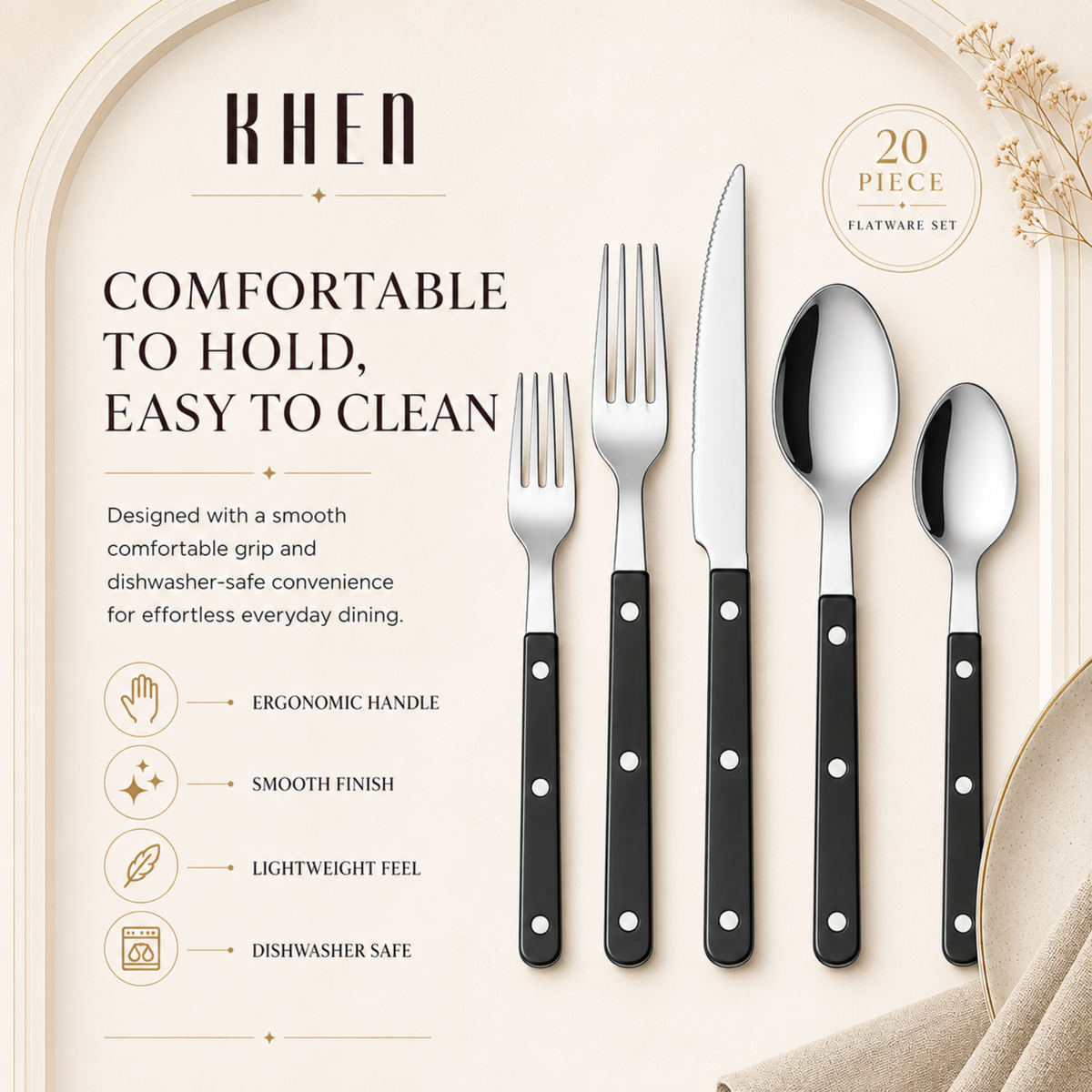 Khen Black Cutlery Set of 20 –18/8 Stainless Steel Flatware - Fabs things