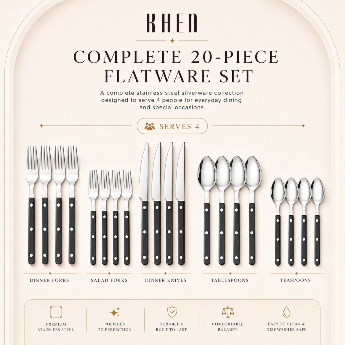 Khen Black Cutlery Set of 20 –18/8 Stainless Steel Flatware - Fabs things