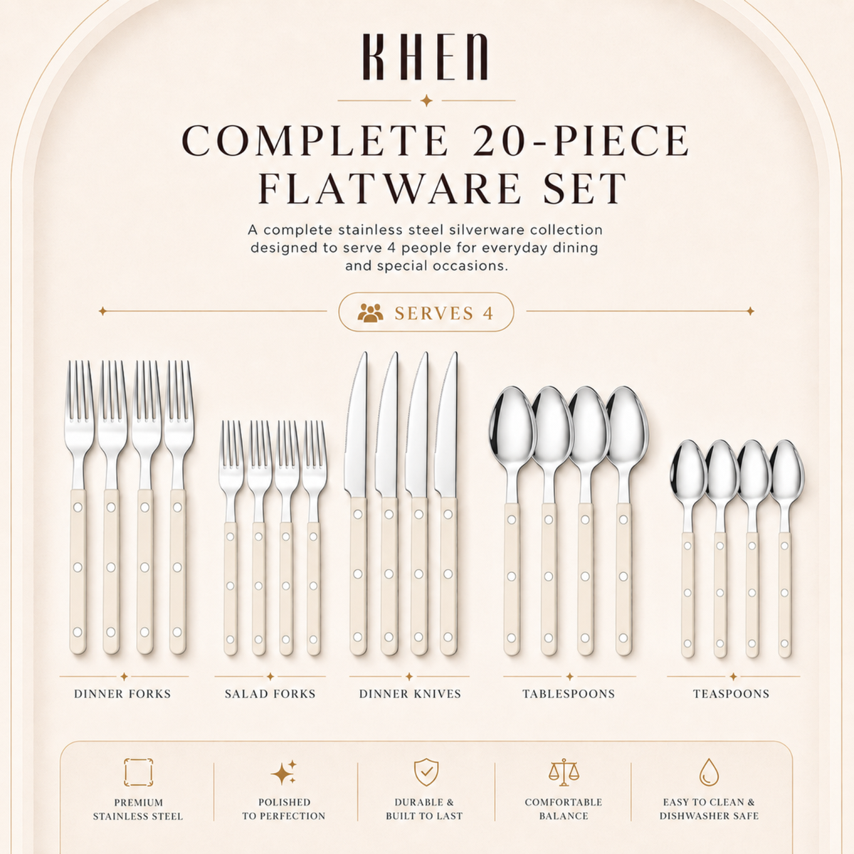 Khen Cream Cutlery Set of 20 –18/8 Stainless Steel Flatware - Fabs things