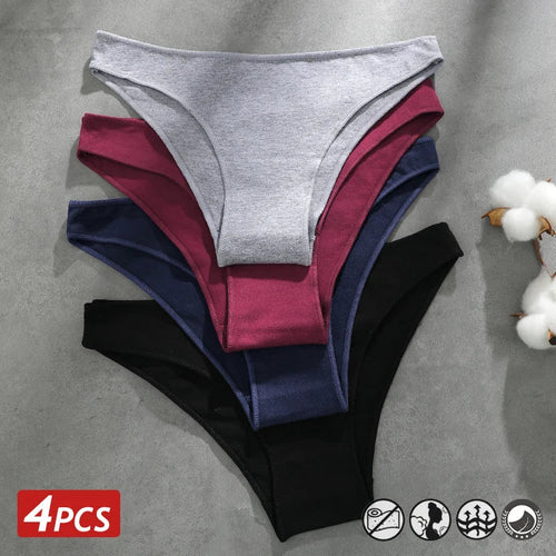4PCS Seamless Cotton Panties Women Solid Color Briefs Sexy Low Waist Underpants Female Breathable Underwear Ladies Stretch Panti - Fabs things