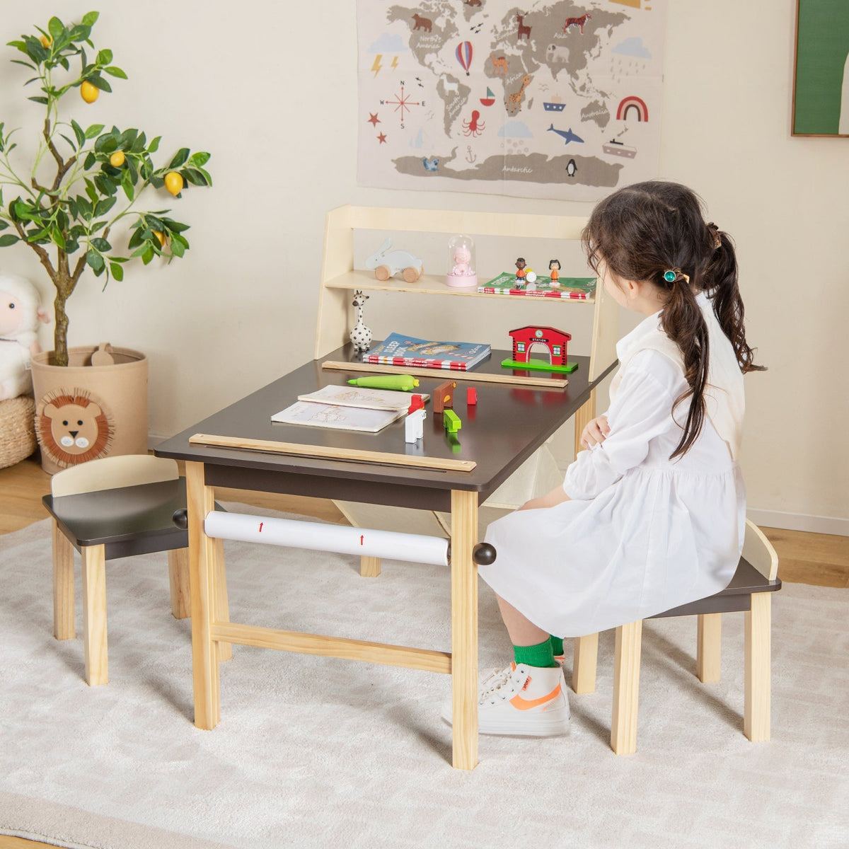 Kids Art Table and Chairs Set with Paper Roll and Storage Bins-Coffee - Fabs things