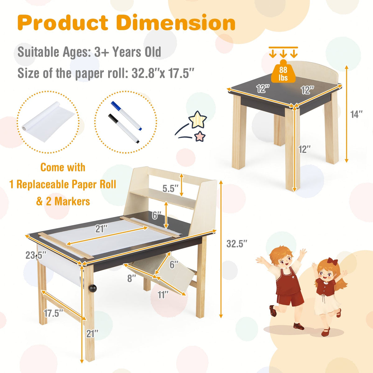 Kids Art Table and Chairs Set with Paper Roll and Storage Bins-Coffee - Fabs things