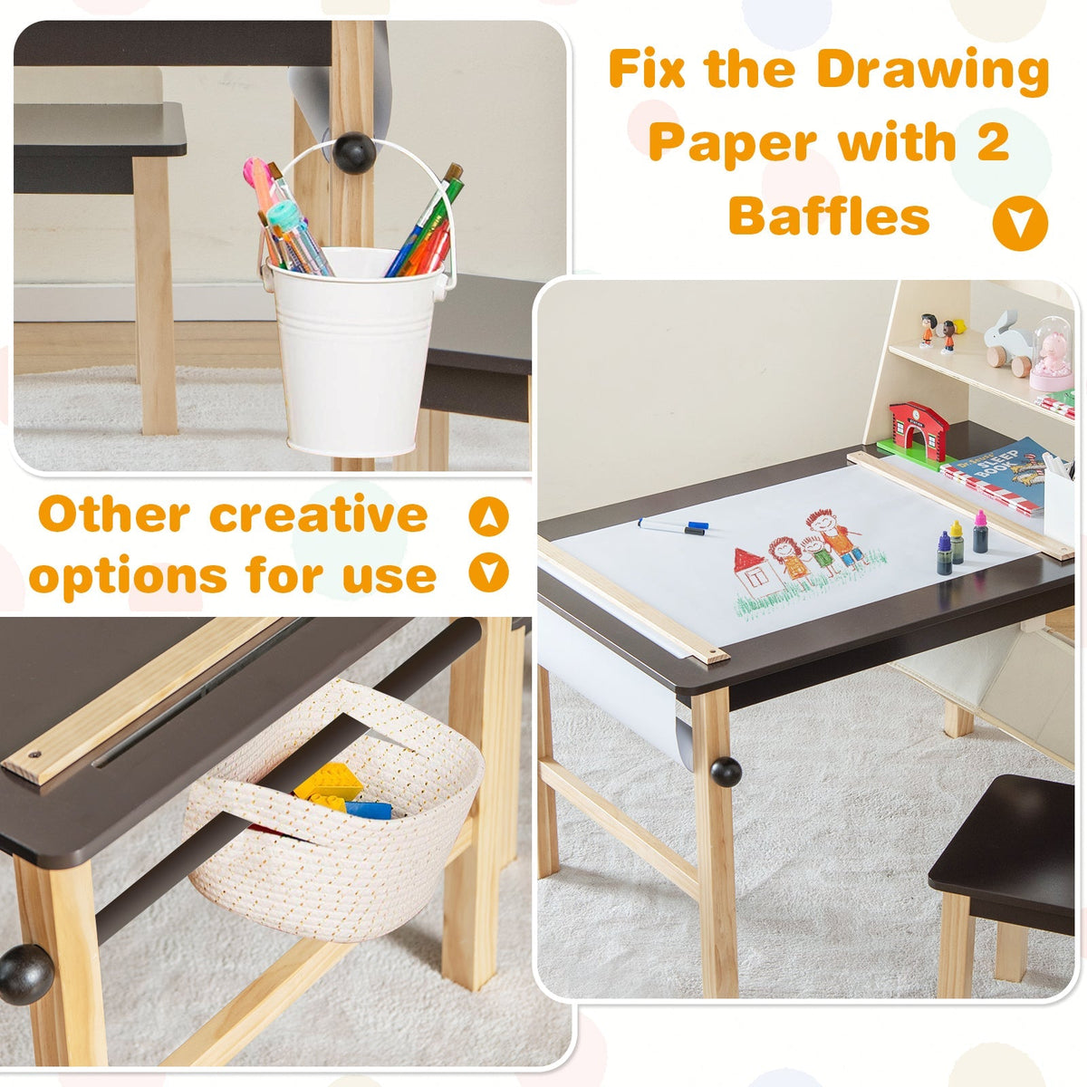 Kids Art Table and Chairs Set with Paper Roll and Storage Bins-Coffee - Fabs things