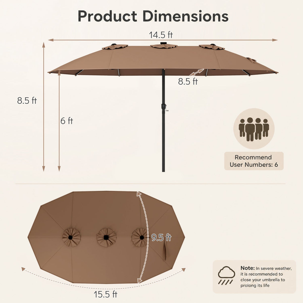 15.5 ft Patio Umbrella with Solar LED Lights & Crank - Fabs things