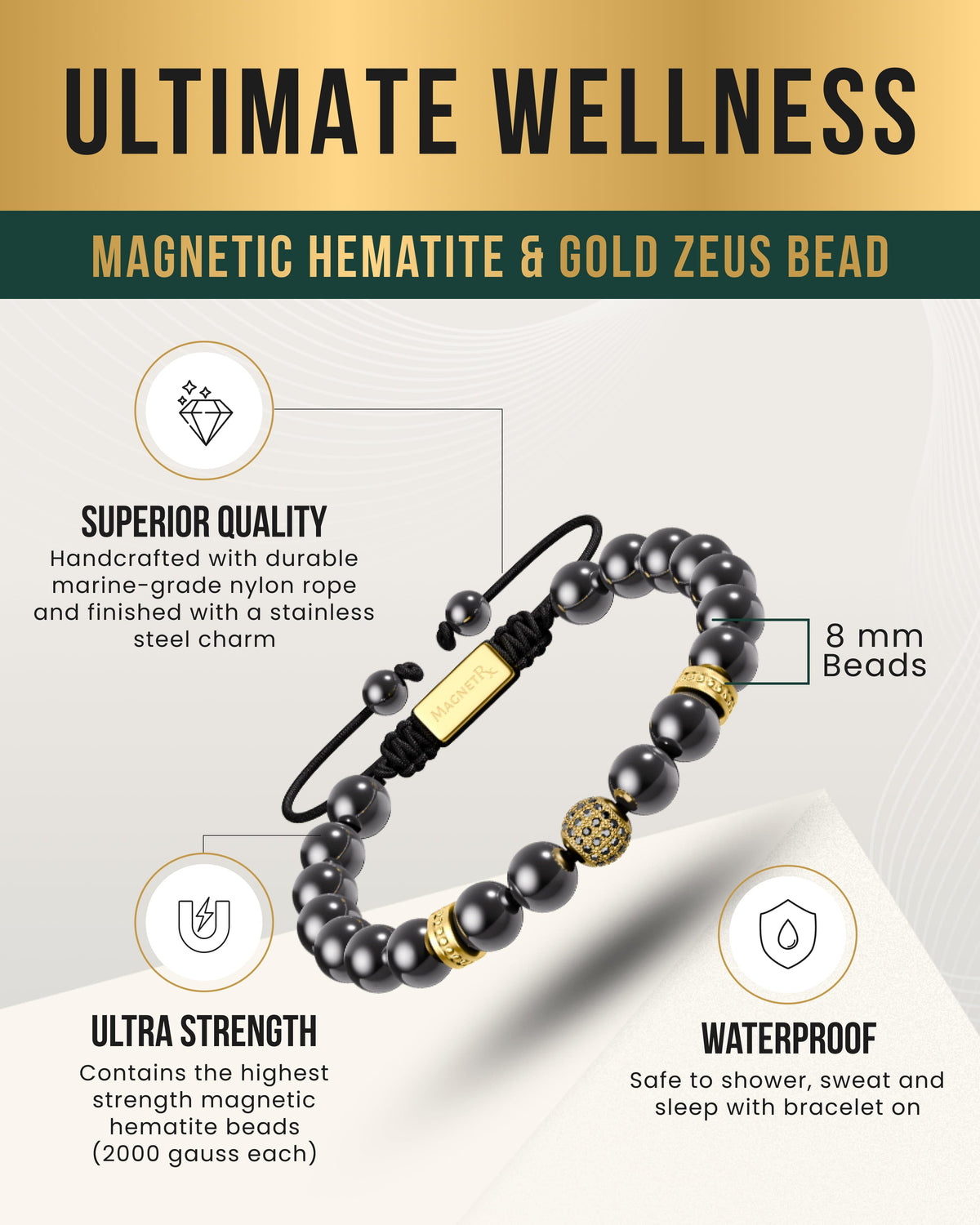 High Power Magnetic Hematite Bracelet Gold Zeus - Fabs things