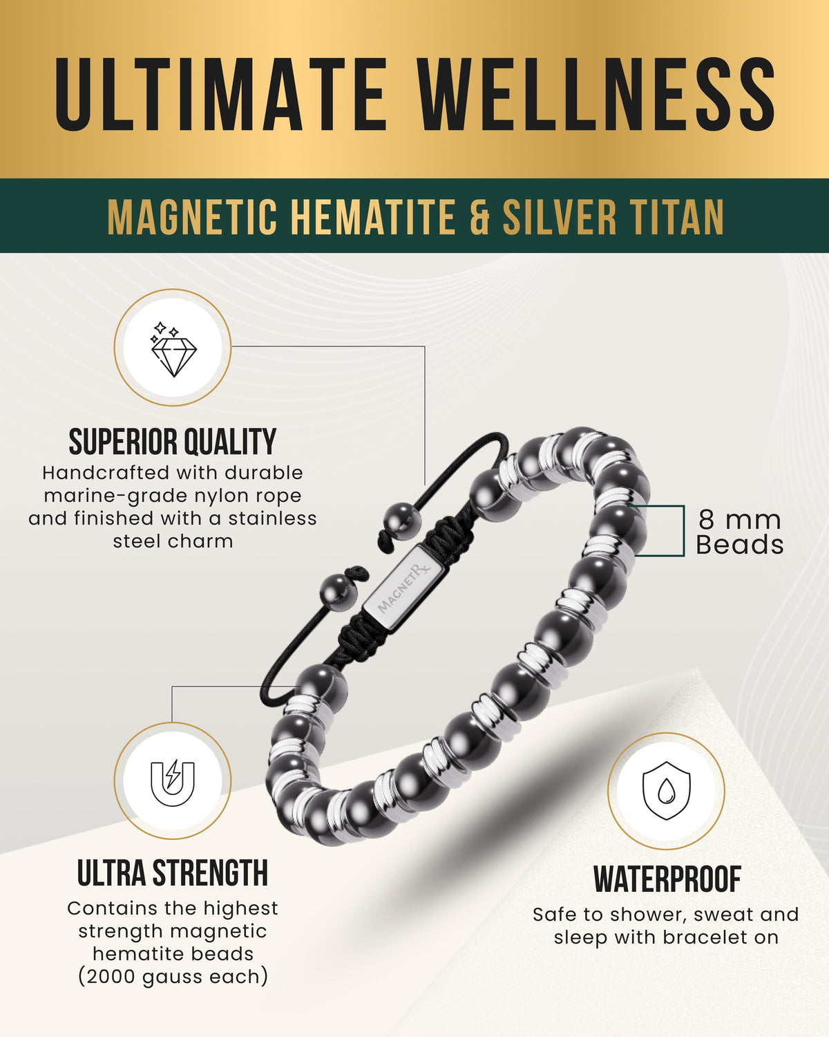 High Power Magnetic Hematite Bracelet Silver Titan - Fabs things