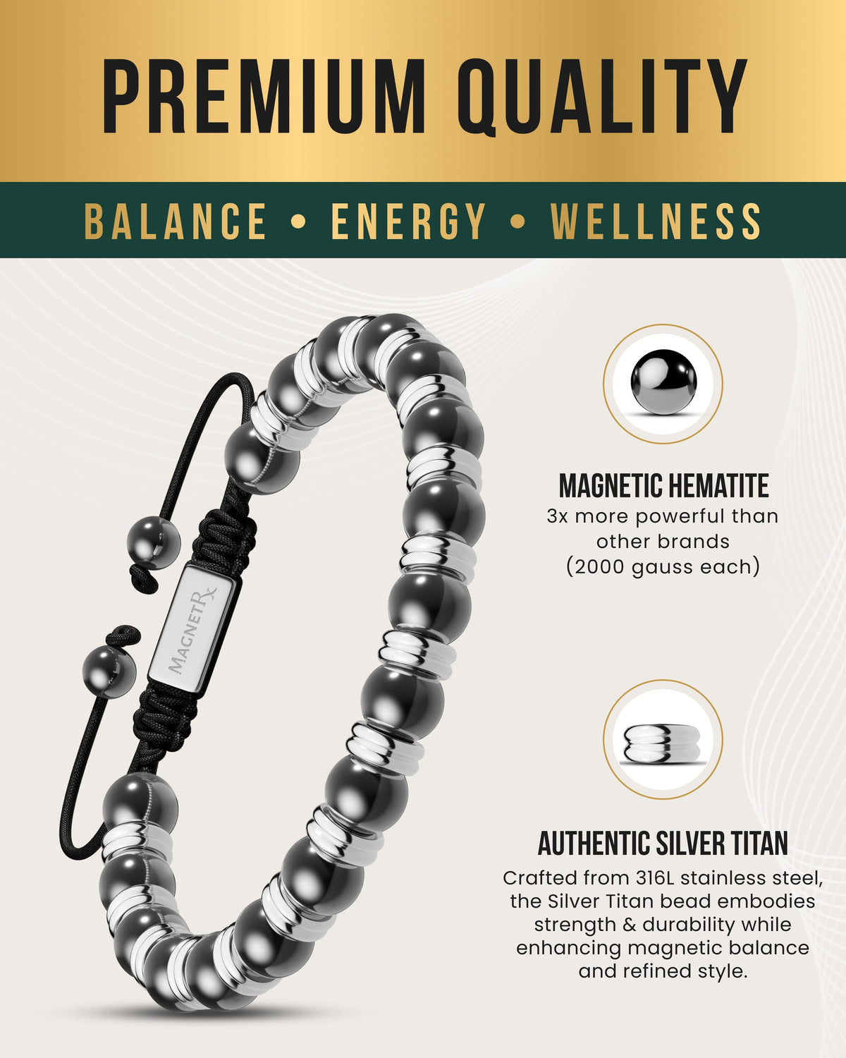 High Power Magnetic Hematite Bracelet Silver Titan - Fabs things