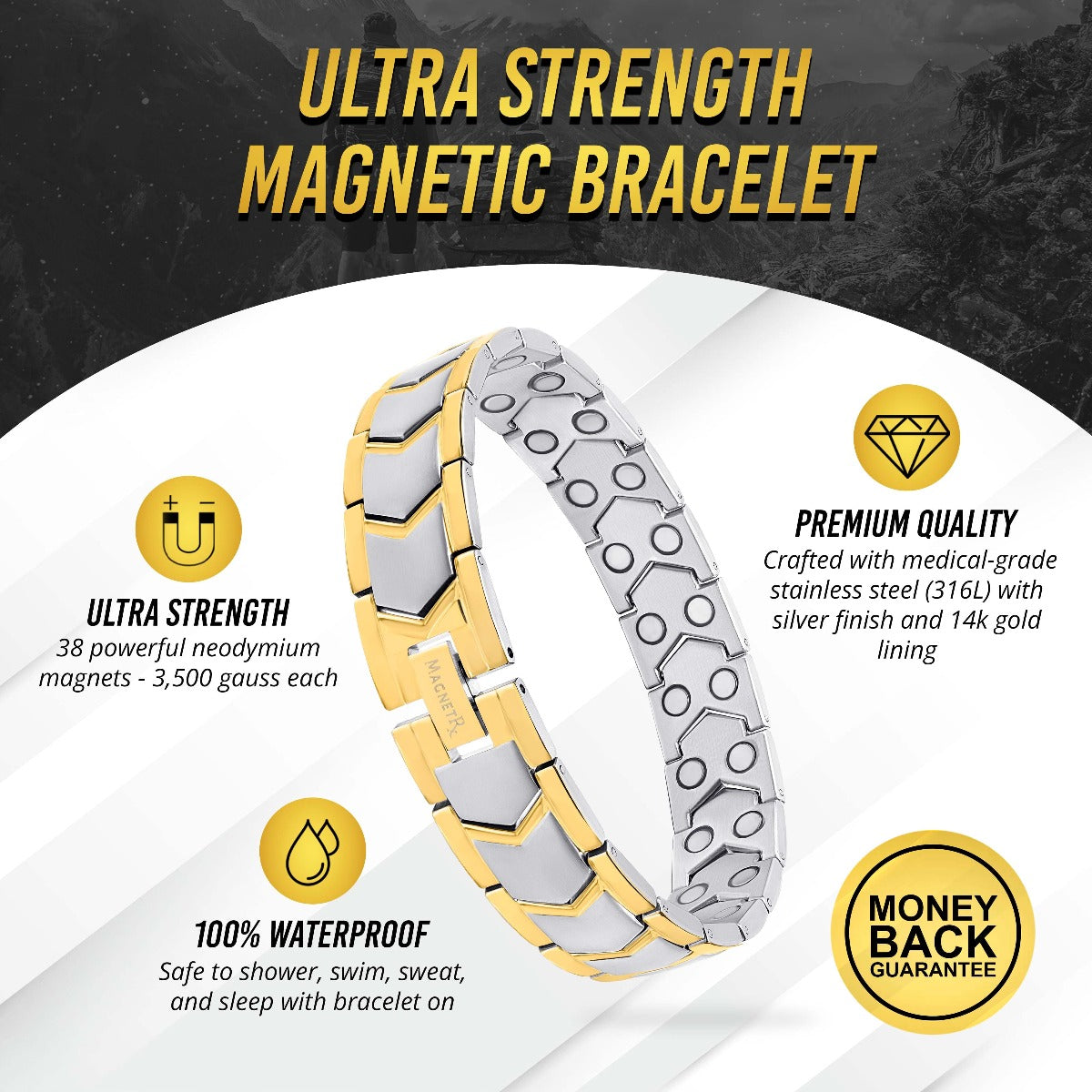 Ultra Strength Silver & Gold Arrow Chain Magnetic Therapy Bracelet - Fabs things