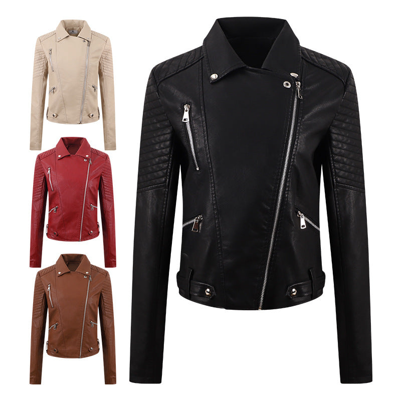 PU Women's Short Leather Oblique Pull Slim Motorcycle Clothing Washed Leather Jacket - Fabs things