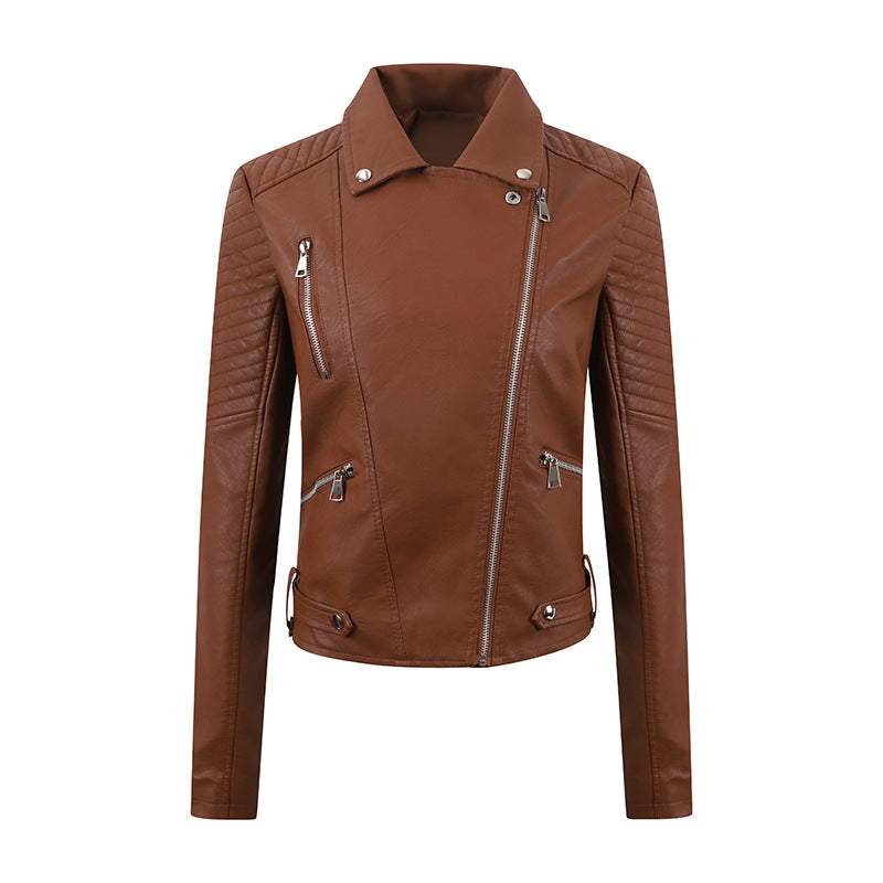 PU Women's Short Leather Oblique Pull Slim Motorcycle Clothing Washed Leather Jacket - Fabs things